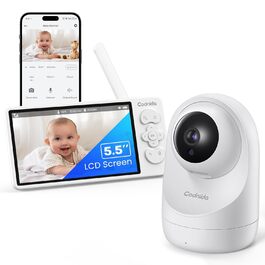 Дитячий відеоняня Codnida з камерою 5.5' LCD, 2K, 3MP HD, Wi-Fi, мобільний додаток, акумулятор 4000mAh, інфрачервона нічне бачення, 2-сторонній аудіо, Vox-режим, 4x зум, інтелектуальний моніторинг, білий