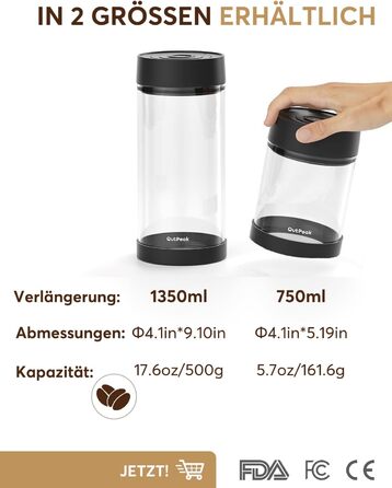 OUTPEAK 2025 Kilo Auto Вакуумна кавова банка 1,8L для 601.0 г кавових зерен, автоматичне управління, нержавіюча сталь, з ложкою, 6-місячний запас (Barista Champion's Choice) (G750)