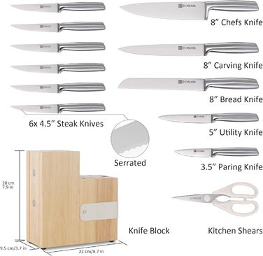 13-Piece Premium Stainless Steel Knife Block Set with Magnetic Storage - Ergonomic Handles, Kitchen Chef's Knife Set, Acacia Wood Block with Leather Strap