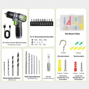 WORKPRO Акумуляторний шуруповерт 8V з набором 53 аксесуари, регульована швидкість, LED-ліхтик, для домашніх ремонтів та DIY