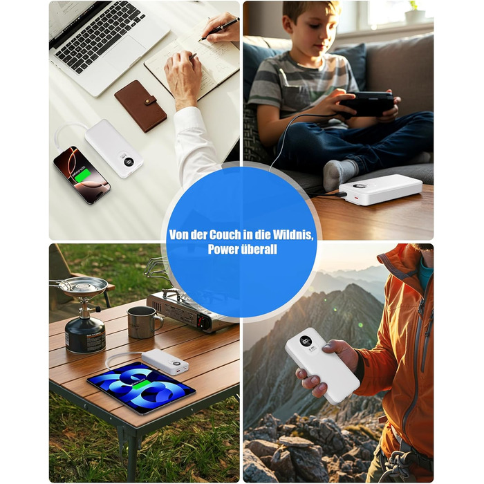 Power Bank 30000mAh з вбудованим кабелем: Швидка зарядка PD 22.5W, зовнішній акумулятор з великою ємністю, 4 виходи та 2 входи
