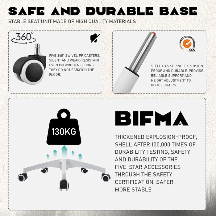 Ергономічне крісло для офісу та робочого столу з підйомними підлокітниками, регульованою підтримкою попереку, регульованою висотою поворотного сидіння та спинкою, що нахиляється до 130°, (Білий)