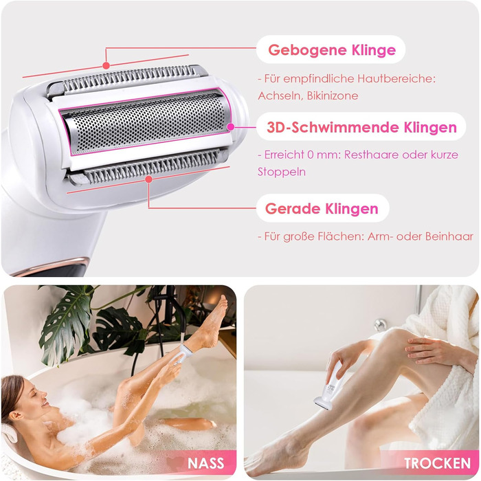 Електричний жіночий епілятор 5-в-1 з 3 насадками для бікіні, обличчя та тіла, водонепроникний (IPX7)