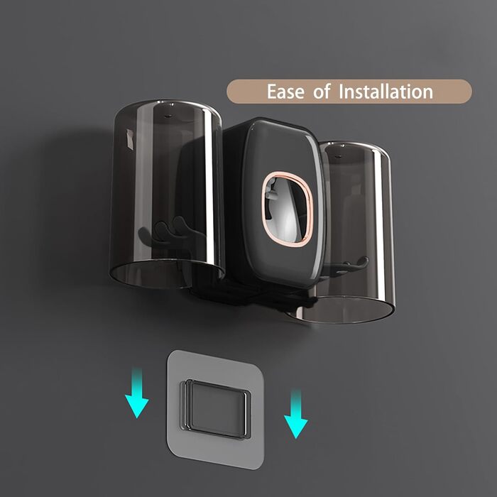 Настінний тримач для зубних щіток з автоматичним дозатором пасти, електричний для 4 щіток, 2 стаканчики, без свердління (чорний)