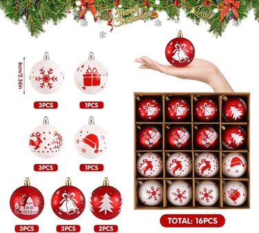 16 шт. прикрас для ялинки Homewit, 6 см, червоно-білі ялинкові кулі, набір для ялинки, святкова декорaція