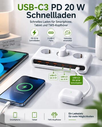 Мережевий фільтр 9-в-1: подовжувач на 3 розетки та USB зарядна станція, білий