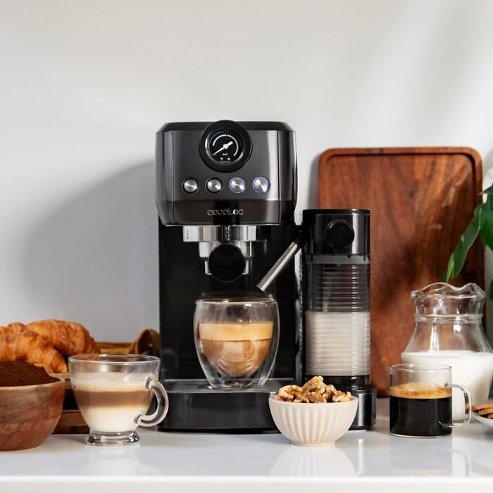 Cecotec Espressomaschine Espresso and Cappuccino Cafelizzia 790 Steel Pro. 1350W, Pressure Gauge, Thermoblock System, 20 Bar Pressure, Automatic Mode for 1-2 coffees, Swivel Steam Wand, 1.2L, Stainless Steel (with Pressure Gauge | Milk Container)