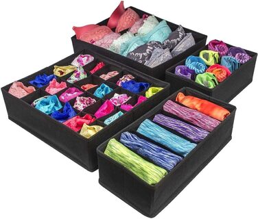 Styleys Set of 4 Foldable Storage Boxes, Drawer Dividers, Odorless Interior Lining, Storage Boxes, Closet Organizer, Under-Bed Organizer for Clothes, Shoes, Underwear, Bras, (Black - S1014)