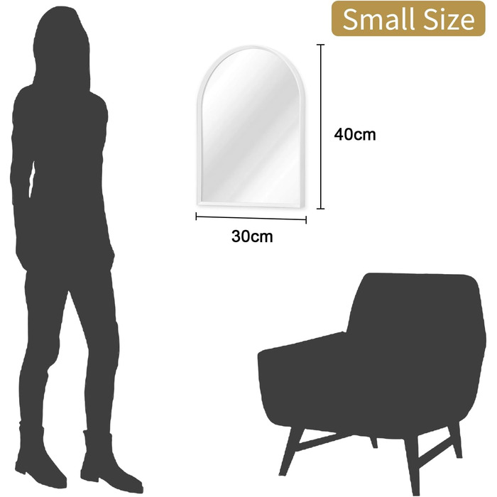 Дзеркало настінне з вигнутим дзеркалом, 45 x 65 см, металевий каркас, для ванної кімнати/вітальні/спальні (40 x 30 см, білий)