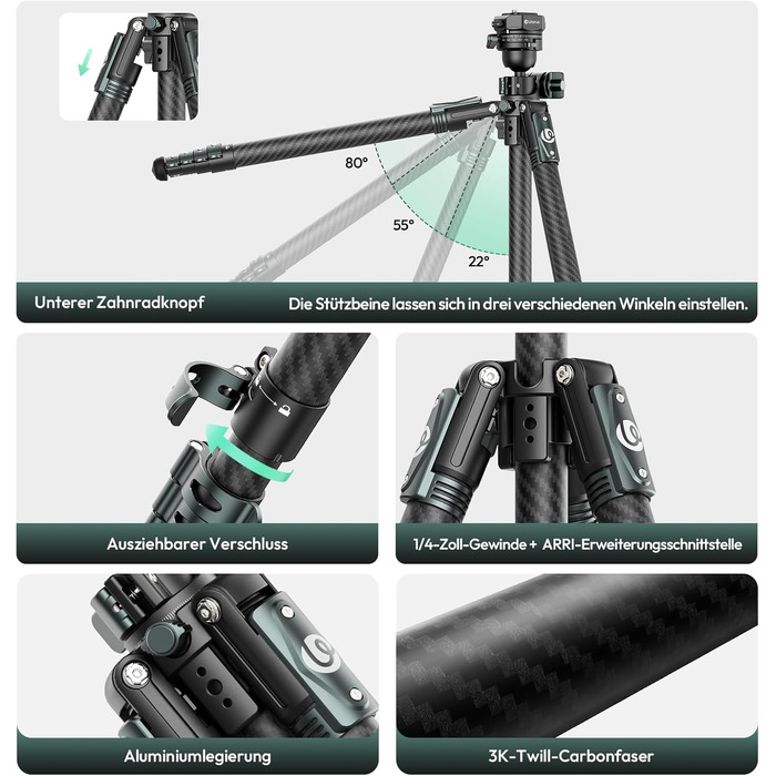 Штатив для камери ULANZI JJ05 GlideGo 184 см з карбону, складаний, з поворотним центральним стовпом, легкий, для DSLR, 360° кульковий голівкою, швидка пластина, вантажопідйомність 18 кг