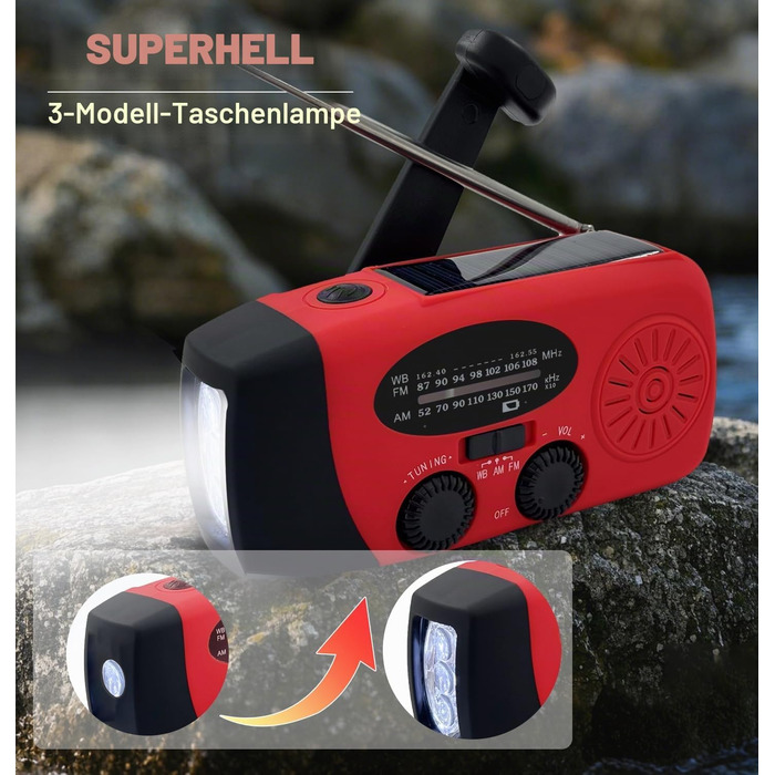 Сонячна радіостанція з ручним заводом 2000mAh, AM/FM/NOAA, USB-зарядка, заряд для телефону, SOS-сигнал, LED-ліхтарик для кемпінгу та походів (Червоний)