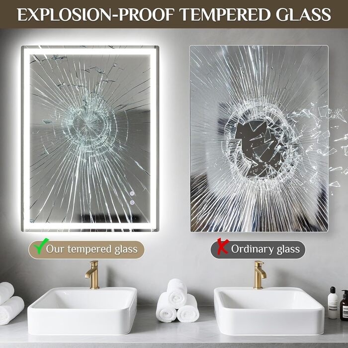 Дзеркало для ванної кімнати Clevich з підсвічуванням 70x50 см, LED дзеркало з 3 кольорами світла, регульована яскравість, захисне скло, сенсорне управління, функція пам'яті, запобігання запотіванню, 80x60 см