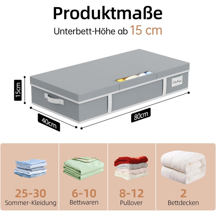 Комод під ліжко LAMU 2 шт., ящик для зберігання під ліжко з кришкою, великий, складний, сумка для зберігання одягу з віконцем та 4 ручками для ковдр, одягу, взуття, сірий, 80x40x15 см, 48 л, сірий
