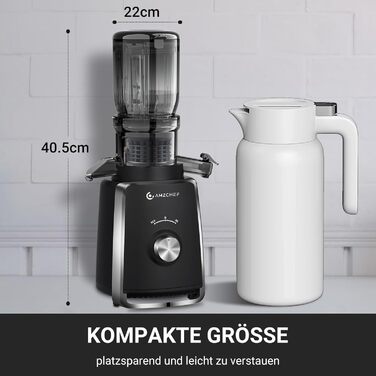 AMZCHEF Електричний соковитискач Slow Juicer 103 мм - потужність 250W, для овочів та фруктів, з 2 фільтрами, тихий двигун, функція реверсу, чорний