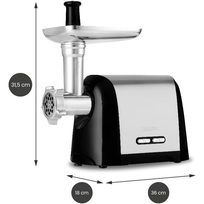 ZEEGMA Electric Meat Grinder - 1900W, Stainless Steel Plates, 3kg/min, Sausage Maker, Kubbe Maker, Chopping, Dicing, REV Function, Accessory Set - Silver