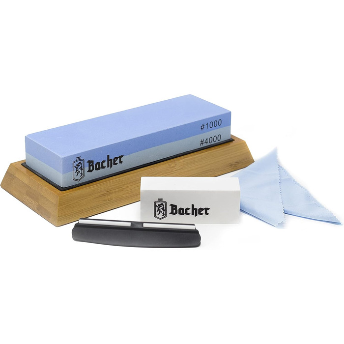 Преміум точильний камінь Bacher Schleifstein. Двостороння точилка з зернистістю 400/1000 для ножів. З антиковзким бамбуковим блоком, інструкцією та допоміжним інструментом.