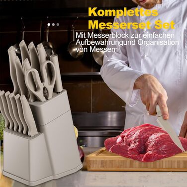 Набір ножів Joyfair 15 предметів з бруском, з високоякісної нержавіючої сталі, кухонний набір ножів для нарізки та подрібнення (Хакі)