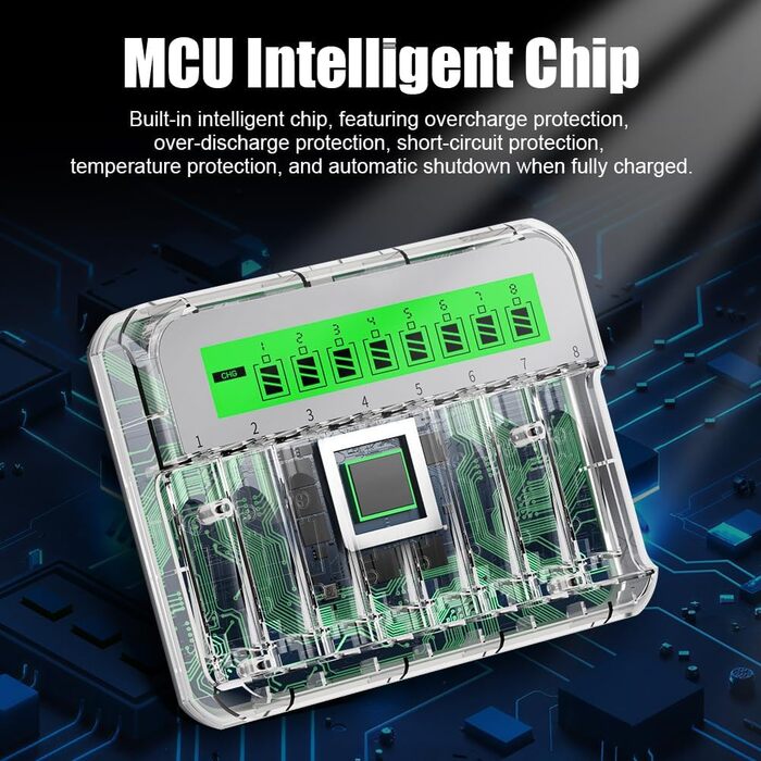 Зарядний пристрій для акумуляторів AXFEE з LCD-дисплеєм, універсальний, 2000mAh, 8-місцевий, швидка зарядка NI-MH/NI-CD AA AAA