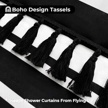 Штора для душу Seasonwood чорно-біла в смужку, 183x183 см. Бохо штора для ванної кімнати з пензликами, водонепроникна