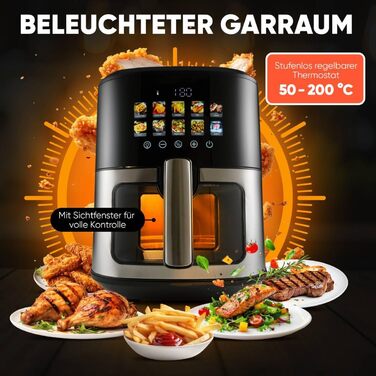 Аерофритюрниця ProfiCook 6,5 л, без олії, 9 програм, 1700 Вт, сенсорний дисплей, нержавіюча сталь, XXL, модель 2024