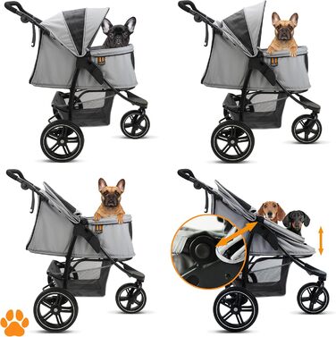 COOPER Складаний переносний візок для собак до 32 кг | Візок для тварин з регульованою висотою та кошиком для покупок | М'які ручки Soft Touch та світловідбиваючий дизайн | Ідеальний для транспортування домашніх тварин – Сірий