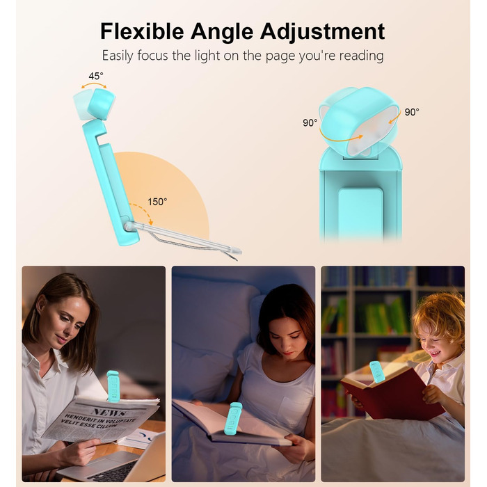 Ліхтарик для читання Gritin з кліпсою, акумуляторний, 7 LED, 3 режими світла, диммер, 5 рівнів яскравості, синій
