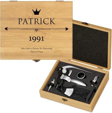 Maverton Wine Opener Set Personalized Wine Set Sommelier Set - Gift Box Wooden Box + 6-Piece Wine Accessory Set - Made of Bamboo - Brown - Birthday Gift for Men - (King)