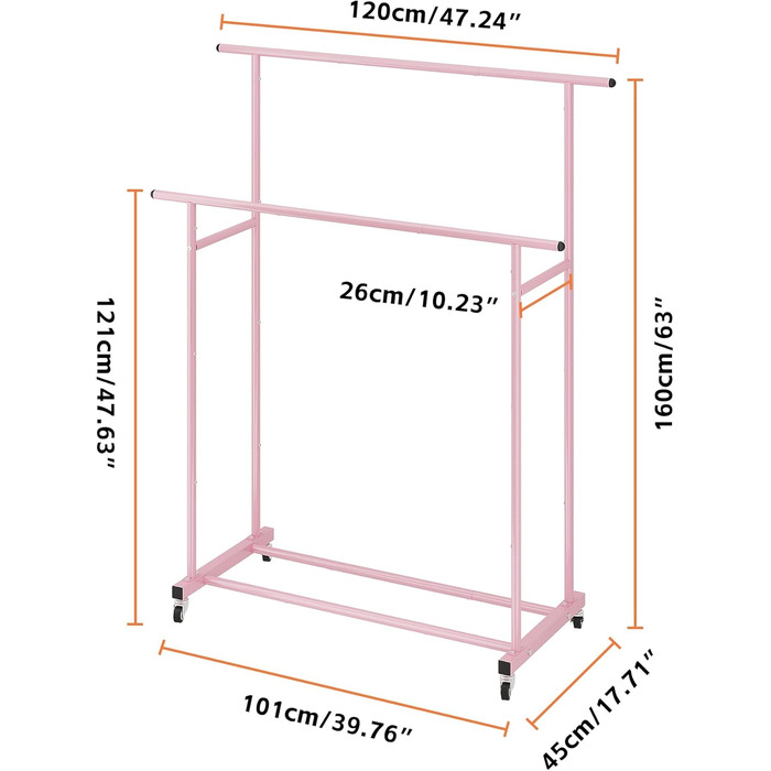 Clothes Rack with Double Rod, Rolling Clothes Rack, Portable Clothes Rack for Bedroom, Living Room, Clothing Store (Pink)