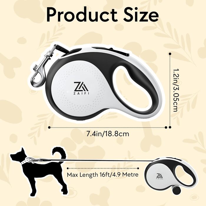 Висувна поводок для собак, 360°, 5 м міцного нейлону з гальмом однією рукою та фіксатором для тренувань та прогулянок, підходить для собак будь-якого розміру