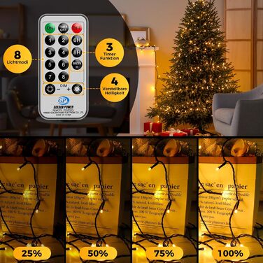 LED гірлянда для прикраси ялинки та декору на балкон/сад: 15м + 5м, 150 LED, тепле біле світло, таймер, пульт, 8 режимів