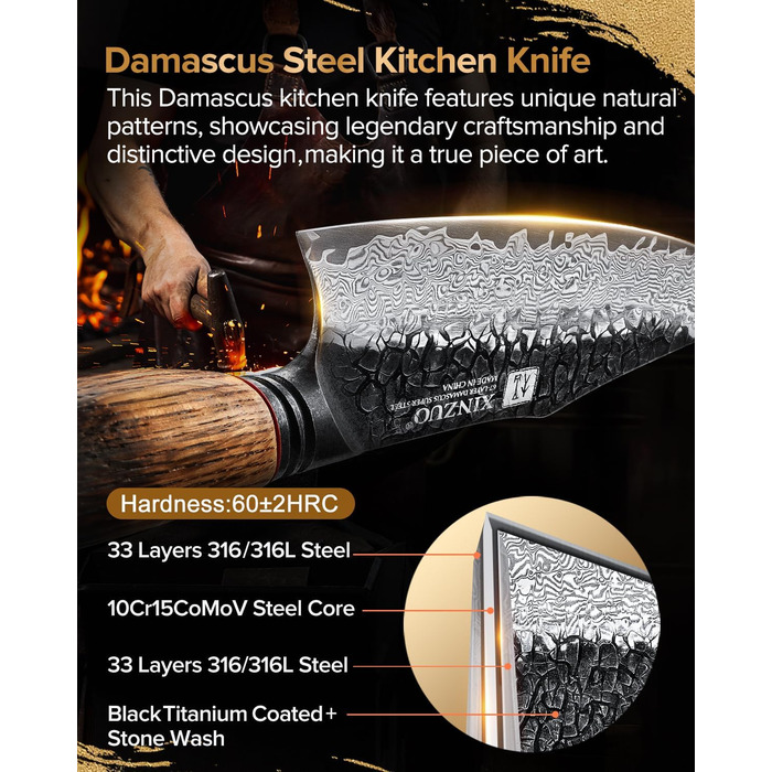 Ніж кухарський XINZUO 21.9 см з дамаської сталі, 67 шарів, професійний, з ергономічною ручкою з білої бука, серія Mo