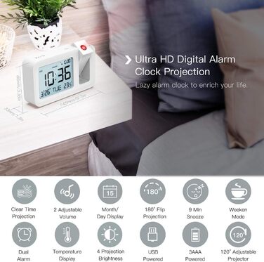 Projection Alarm Clock, TedGem Travel Alarm Clock Digital Clock Table Clock 3.8