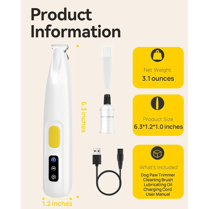 Триммер для собак та котів Pfotentrimmer з LED-підсвічуванням – 18 мм, тихий (35 dB), водонепроникний, акумуляторний – для лап, вух, обличчя та хвоста (білий)