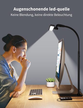 Стійка LED-лампа Kary з регулюванням яскравості, 40 см, 12 Вт, для офісу, роботи, читання, догляду за очима, дітям, 5 рівнів регулювання, 5 кольорів, таймер на 60 хвилин, чорна