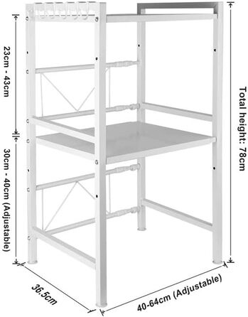 Поличка для мікрохвильової печі, 3 яруси, органайзер з гачками, розширювана, 40-64 см, з вуглецевої сталі, білий