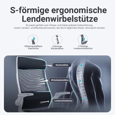 Ергономічне крісло для офісу з регульованою підголівником, крісло для робочого столу з сітки, відкидні підлокітники, широке сидіння, функція гойдання, комп'ютерне крісло EN 1335, офісне крісло 200 кг (чорно-біле)