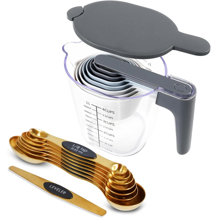 18-Piece Measuring Cup and Spoon Set, includes 10 stackable measuring cups with lids and 8 magnetic measuring spoons, for liquid and dry ingredients, BPA-free (Golden)