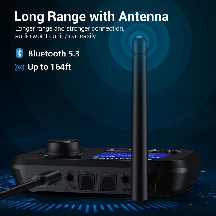 Bluetooth 5.0 Аудіоадаптер 3-в-1: Передавач, приймач, обхідник з низькою затримкою. Підтримка 2 навушників. AUX, Оптичний, RCA для TV, стереосистеми, ПК (Чорний)