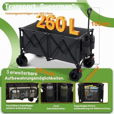 Візок-тележка Devoko 260L складний, вантажопідйомність 200 кг, з гальмом, регульованою ручкою, 3 відділення для зберігання, чорний – для пляжу, кемпінгу, покупок
