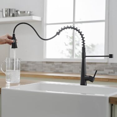 Кухонний змішувач TIMACO з поворотним гусаком 360° та висувною лійкою, чорний, з щіткою з нікелю