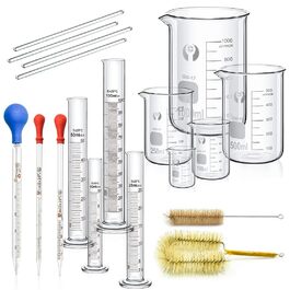 Beaker Cylinder Pipette Set, JESSTOLO 5-Piece Thick Glass Graduated Beakers, 4 Glass Measuring Cylinders with 3 Glass Measuring Pipettes, 4 Glass Stir Sticks and 2 Washing Brushes