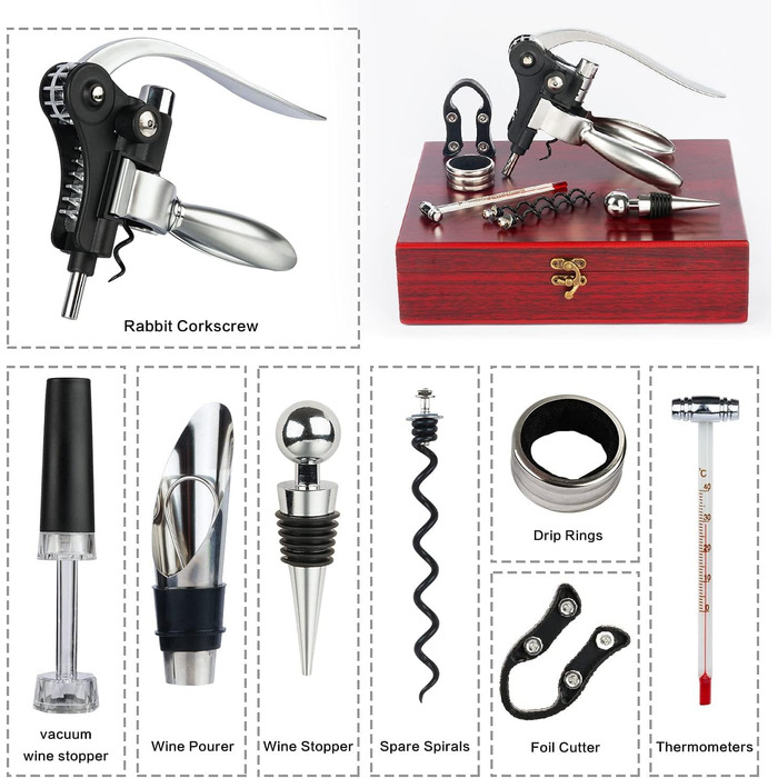 Waiter's knife, wine opener, professional corkscrew made of stainless steel, bottle opener with foil cutter, wine aerator pourer and vacuum stopper, wine accessories. (9-piece stainless steel)