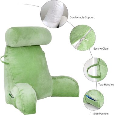 Подушка для читання з велюру, підтримка спини та рук для дорослих, кругла подушка для ліжка, з кишенею та знімним чохлом (зелена)