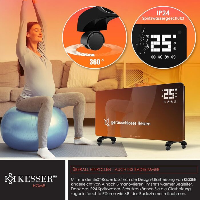Електричний конвектор KESSER® з Wi-Fi, LCD-дисплеєм та пультом керування. Чорний, 2500 Вт. Можливість встановлення на стіну або на підлогу.