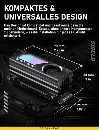 Охолоджувач SSD M.2 EZDIY-FAB Shield ARGB з вентилятором 20mm PWM, алюмінієвий корпус, підтримка ARGB 5V 3-Pin, чорний, 1 шт.