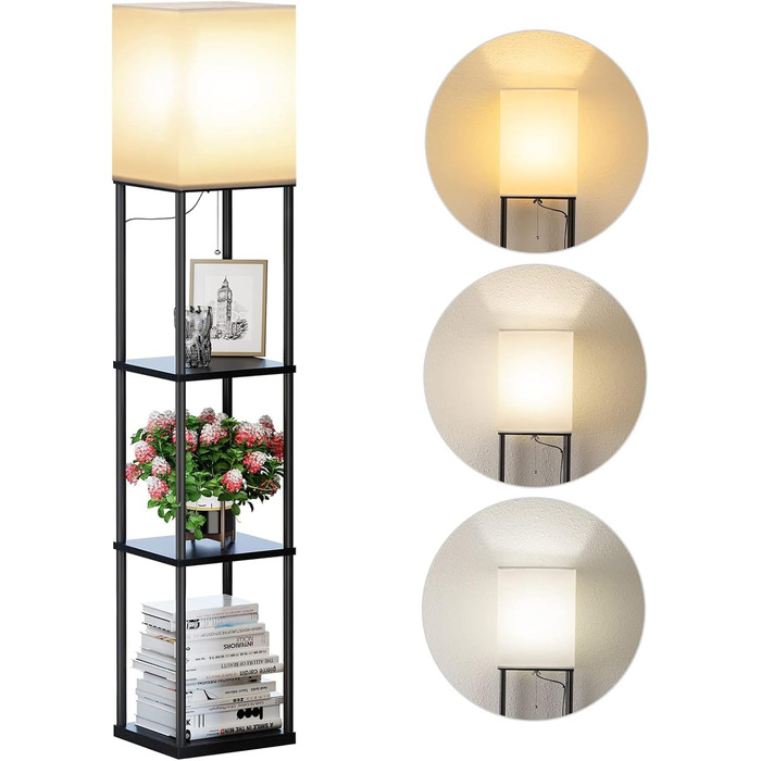 Стійка лампа з полицею для вітальні у стилі вінтаж, чорна. Металева підлога, 3 режими кольору, тканинний абажур, вимикач на ніжці. Ідеальна для вітальні, спальні, офісу.