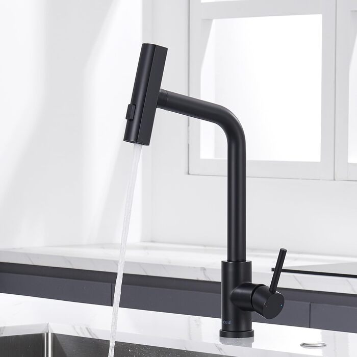 Чорний кухонний змішувач з висувною лійкою, водоспад, високий тиск, 3 режими, поворотний на 360°, з нержавіючої сталі, матовий, для кухні