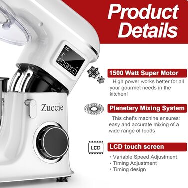 Кухонна машина Zuccie 1500W 8L з 6 швидкостями та функцією ферментації, LCD-дисплей, міксер, гак для тіста, вінчик (біла)