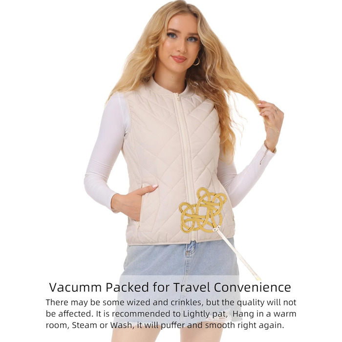 Жіноча степкова жилетка Fuinoth з рифленим коміром, натуральний блискавка, стьобана жилетка (M, Бежевий)