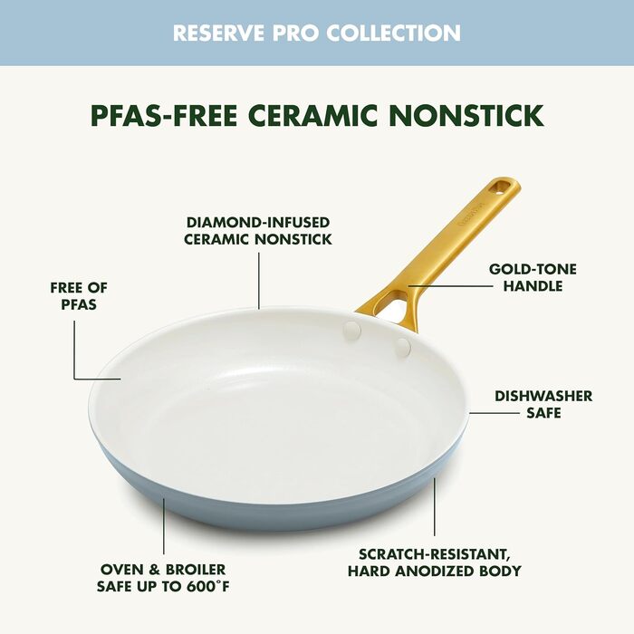 Сковорода GreenPan Reserve Pro 20.3 см з антипригарним покриттям, кераміка, нержавіюча сталь, блакитний колір, NSF-сертифікована, для плити та духовки